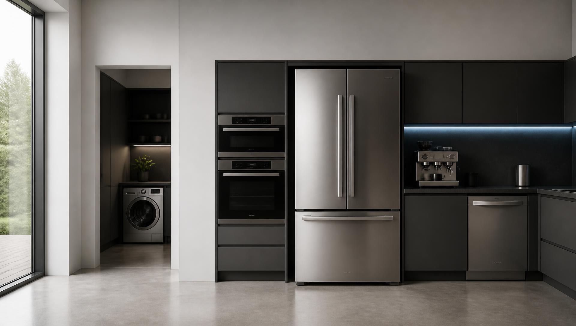 Premium kitchen environment with appliances under technical investigation — refrigerator, ovens, dishwasher, coffee machine and washing machine